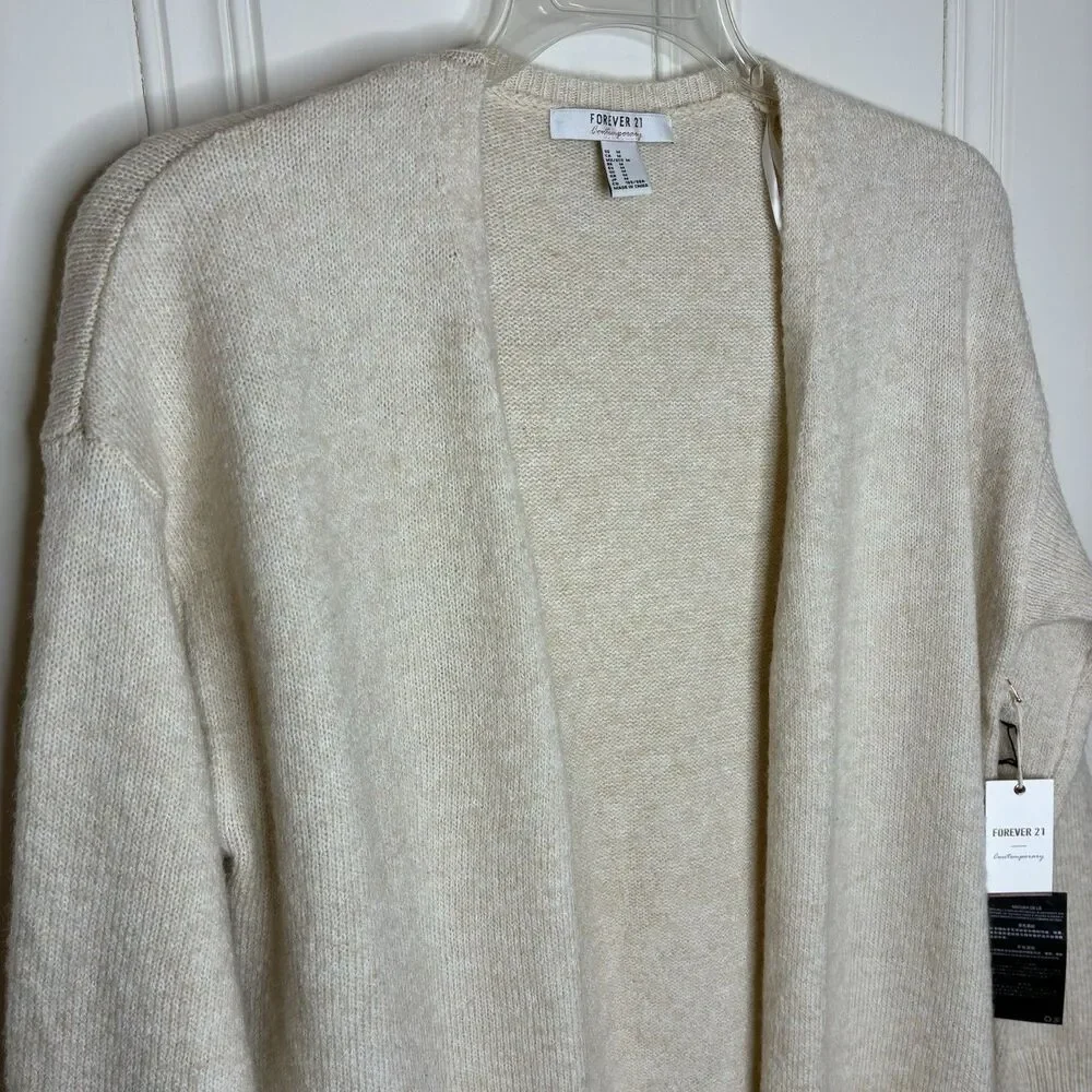 NWT Womens Long Cardigan Sweater Size M Beige Pockets Classic Relaxed Open Front